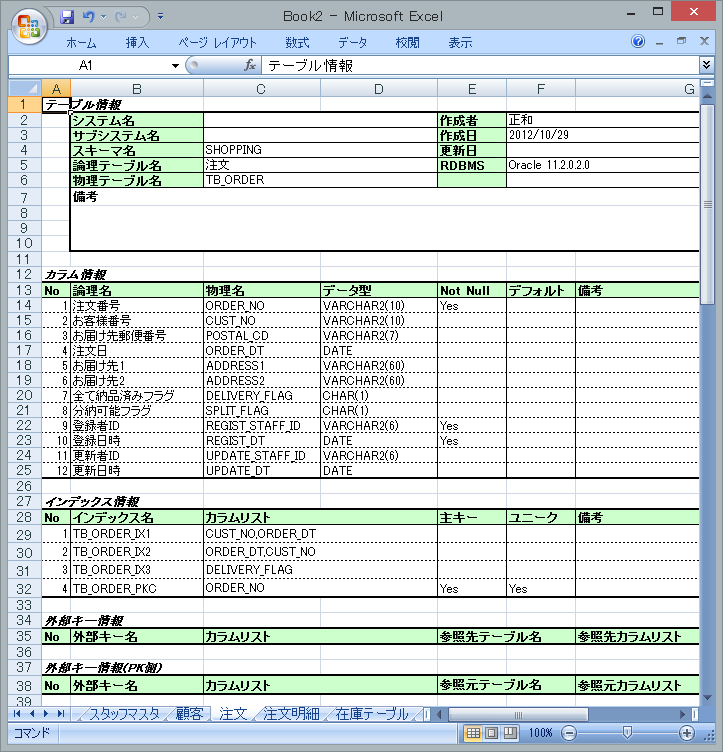 テーブル定義書の作成